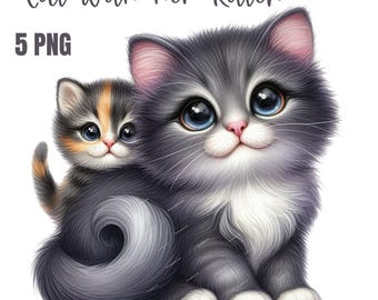 Clipart de gato com gatinho, Clipart de amor de gatinho, Clipart em aquarela para imprimir, PNGs de alta qualidade, Download digital, Artesanato em papel, Diário de recortes