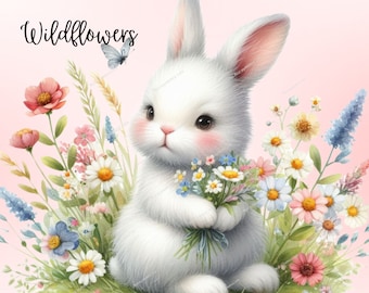Bunnies and Wildflowers Clipart, Cute Bunny Clipart, Easter Clipart, Easter Bunny PNG, Wildflower PNG, Spring Clipart, Wildflower Meadow