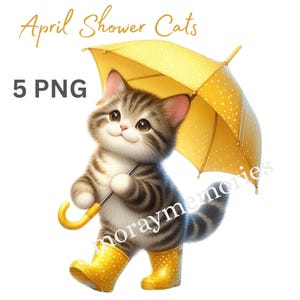 May include: A digital illustration of a smiling kitten wearing yellow wellington boots and holding a yellow umbrella. The image includes the text "April Shower Cats" and "5 PNG". The kitten has grey and brown stripes.