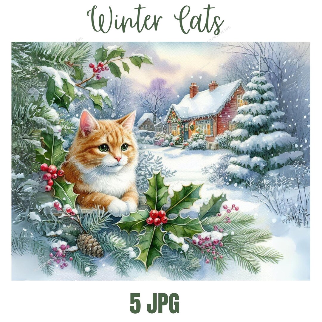 Winter Cat Clipart, Kitten Clipart, Printable Watercolor Clipart, High ...