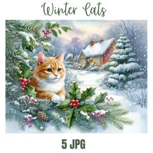Clipart chat hiver, clipart chaton, clipart aquarelle imprimable, fichiers JPG de haute qualité, téléchargement numérique, créations en papier, journal indésirable