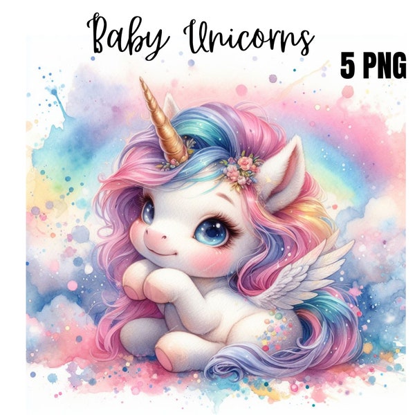 Watercolor Baby Unicorn Collection Clipart, PNG Unicorn Clipart, Rainbow Unicorn Clipart, Baby Unicorn PNG, Magic Unicorn, Commercial Use