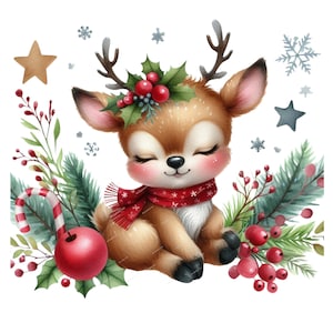 May include: A watercolor illustration of a cute, brown reindeer with closed eyes, wearing a red and white scarf and a holly wreath with red berries. The reindeer is surrounded by green pine branches and red berries.