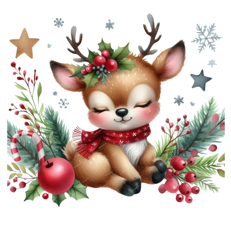 May include: A watercolor illustration of a cute, brown reindeer with closed eyes, wearing a red and white scarf and a holly wreath with red berries. The reindeer is surrounded by green pine branches and red berries.