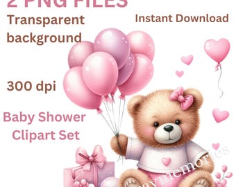 Baby Girl Teddy Bear Clipart PNG, Pink Balloon Bear, Baby Shower Clipart, Cute Nursery Bear, Commercial Use, Instant Download