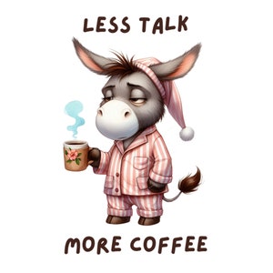 Clipart de burro gruñón de café en acuarela, clipart de animal gruñón PNG, menos charla, más café, clipart de animales gruñones divertidos, uso comercial