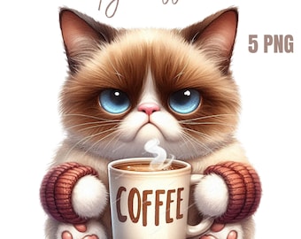 May include: A grumpy-looking cat with blue eyes is holding a white mug with the word "COFFEE" printed on it. The cat is wearing brown mittens and has a brown and white fur pattern.