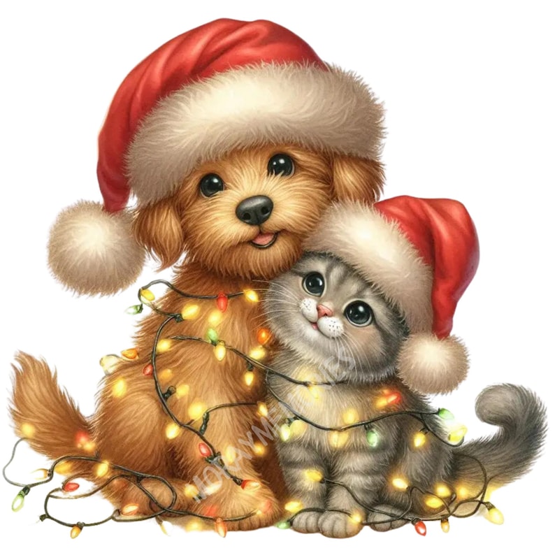 Può includere: Un'illustrazione digitale di un cucciolo di golden retriever e un gattino grigio, entrambi con cappelli di Babbo Natale. Sono avvolti in una stringa di luci natalizie colorate, creando una scena festosa e commovente.
