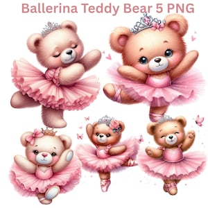 Baby Teddy Bears Clipart, Watercolor Teddy Bear Nursery Art, Ballerina Printable Bear Graphics for Paper Crafts, High-Quality PNG