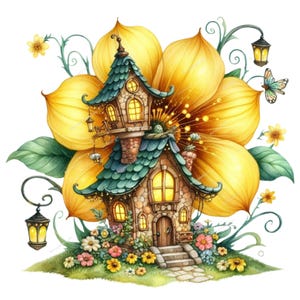 10 Clipart di case delle fate fantasiose, case delle fate dei fiori, acquerelli stampabili, JPG di alta qualità, download digitale, lavoretti di carta, diario