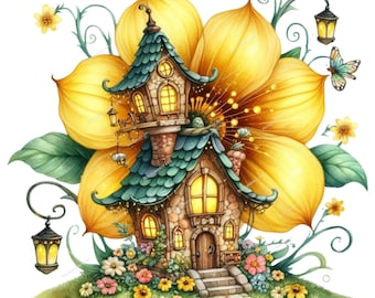 10 Fantazyjnych Domków Wróżek Clipart, Domki Wróżek Kwiatowych, Wydrukowalne Akwarele, Wysokiej Jakości JPG, Pobieranie Cyfrowe, Rękodzieło Papierowe, Dziennik