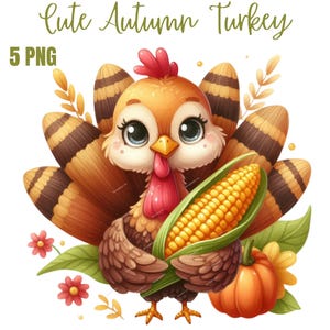 Cute Autumn Turkey Clipart, High Quality PNGs, Nursery Art, Digital Planner, Watercolor, Card Making, Journaling, Digital Download
