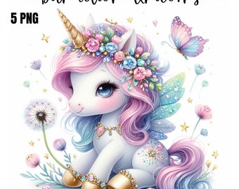 May include: A white unicorn with a pink mane and tail, wearing a flower crown and a gold necklace with pink gems. The unicorn has blue eyes and gold hooves. The background is white with a pink butterfly and dandelion flowers.