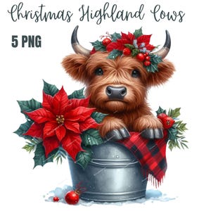 Weihnachten Highland Kühe Clipart, hochwertige PNGs, Memory Buch, Junk Journals, Scrapbooks, digitale Planer, kommerzielle Nutzung, Sublimation