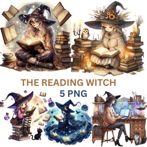 Colección de la Bruja Lectora / Clipart de Amante de los Libros Mágicos, Bruja Apasionada de los Libros, Bruja Linda, Bruja PNG, Paquete de Brujas, Bruja de Libro de Hechizos, Bruja Acogedora