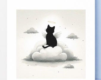 May include: A greeting card featuring a black cat angel with wings and a halo, sitting on a cloud. The card has the text "We always wish for just a little more time" at the top. The illustration is in grayscale.