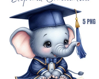 Puede incluir: Un adorable elefante de dibujos animados con una gorra y una bata de graduación azules, sosteniendo un diploma. El elefante tiene una corbata de lazo azul y una expresión feliz. El texto "Elephant Graduation" está escrito sobre el elefante.