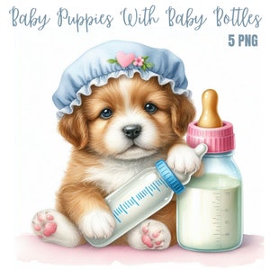 Clipart di cucciolo con biberon Immagini di alta qualità Decorazioni per la cameretta Illustrazioni di cani carini Stampe digitali Uso commerciale