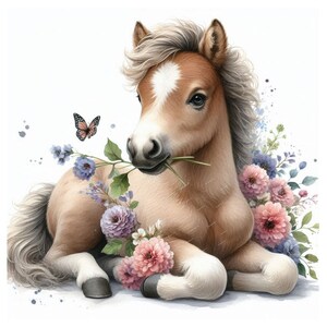 May include: A brown and white pony foal with a white star on its forehead is lying down in a field of pink and purple flowers. A butterfly is flying near the foal's head.