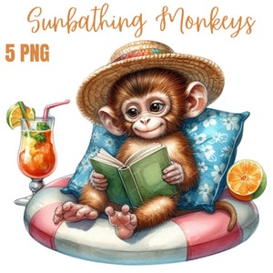 Puede incluir: Un mono marrón con un sombrero de paja se sienta en un flotador inflable rosa y blanco. El mono está leyendo un libro verde y tiene una expresión relajada. Hay un vaso de zumo de naranja y una rodaja de naranja cerca.