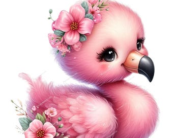 Cute Flamingo Clipart, Adorable Pink Bird with Hat & Bows PNG, Printable, Mug Tumbler Sublimation