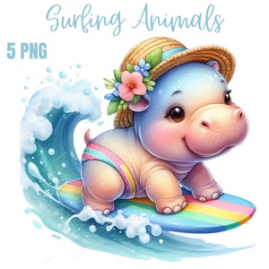 Clipart animaux mignons de surf, plage PNG, vacances dynamiques Beach Vibes Art, décoration tropicale relaxante, sublimation d'été