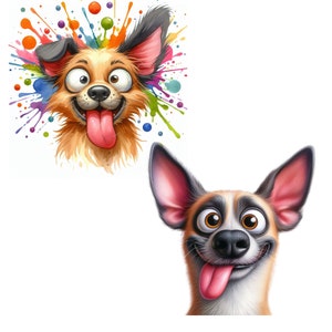 May include: Two cartoon dogs with big eyes and tongues sticking out. The dog on the top is brown and white with a colorful splatter background. The dog on the bottom is white and brown with a white background.