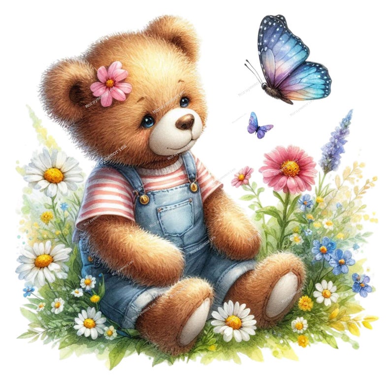 K&ouml;nnte beinhalten: Ein brauner Teddyb&auml;r, der ein blaues Jeans-Overallkleid und ein rosa Blumenband tr&auml;gt, sitzt in einem Feld mit bunten Blumen. Ein blauer Schmetterling fliegt &uuml;ber dem B&auml;ren.