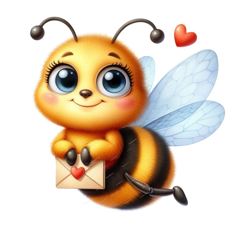 Puede incluir: Ilustraci&oacute;n de dibujos animados de una linda abeja con grandes ojos azules, sosteniendo un peque&ntilde;o sobre con un coraz&oacute;n rojo. La abeja tiene rayas amarillas y negras, pelaje esponjoso y alas transparentes. Un coraz&oacute;n rojo flota cerca.