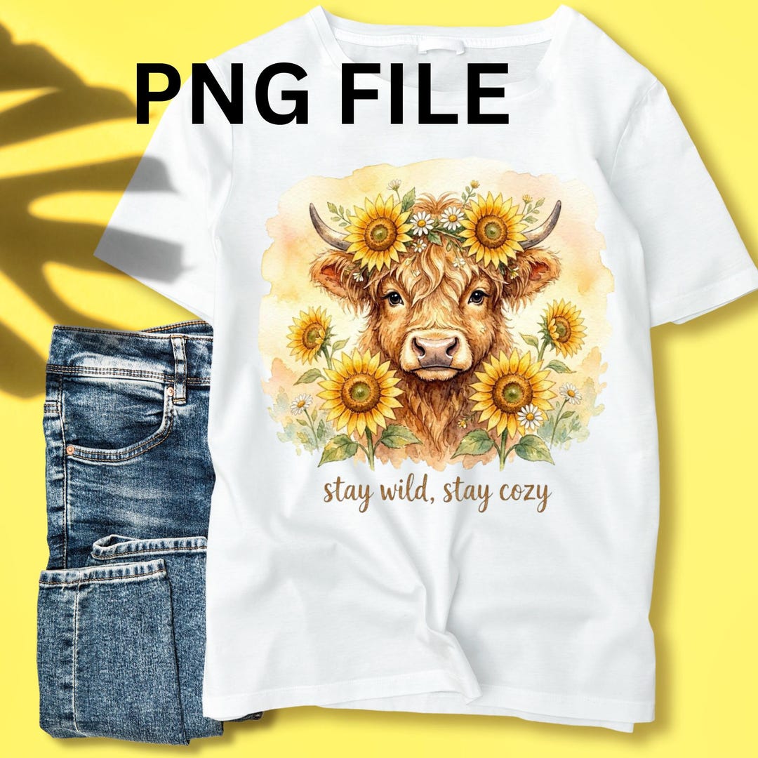 Highland Cow Sunflower PNG | Cottagecore Floral Cow Sublimation Design ...