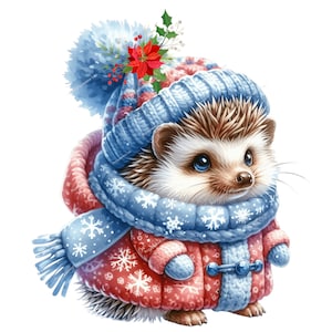 Imágenes prediseñadas de animales lindos de invierno en acuarela, animales con ropa de invierno PNG, animales del país de las maravillas invernal PNG, sublimación de animales para uso comercial