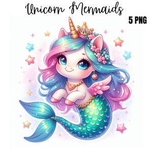 Clipart sirène, clipart licorne, clipart arc en ciel, aquarelle PNG, sirène licorne mignonne, journal indésirable, fabrication de cartes, imprimable par sublimation