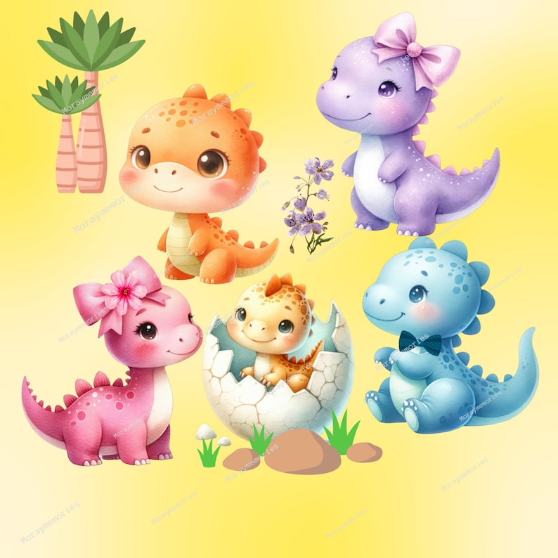 May include: Five adorable cartoon dinosaurs in various colors. A pink dinosaur with a flower on its head, an orange dinosaur, a purple dinosaur with a pink bow, a blue dinosaur with a bow tie, and a yellow dinosaur in an egg.