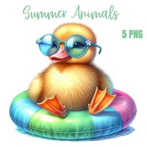 Imágenes prediseñadas de animales de verano, imágenes PNG de animales caprichosos, arte vibrante con ambiente playero de vacaciones, decoración tropical relajante, diseño de sublimación de verano