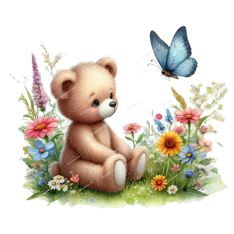 K&ouml;nnte beinhalten: Ein brauner Teddyb&auml;r sitzt in einem Feld mit bunten Wildblumen und schaut zu einem blauen Schmetterling auf.