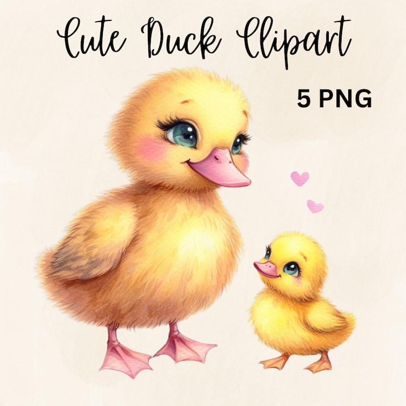 May include: A watercolour illustration of two yellow ducklings with pink beaks and feet. The larger duckling has blue eyes and long eyelashes. The image includes the text "Cute Duck Clipart" and "5 PNG". Two small pink hearts float above the smaller duckling.