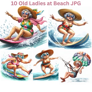 Paquete de 10 imágenes prediseñadas divertidas de ancianas en la playa, imágenes JPG de acuarela de abuelas deportistas de verano, descarga digital de alta calidad para manualidades de papel.