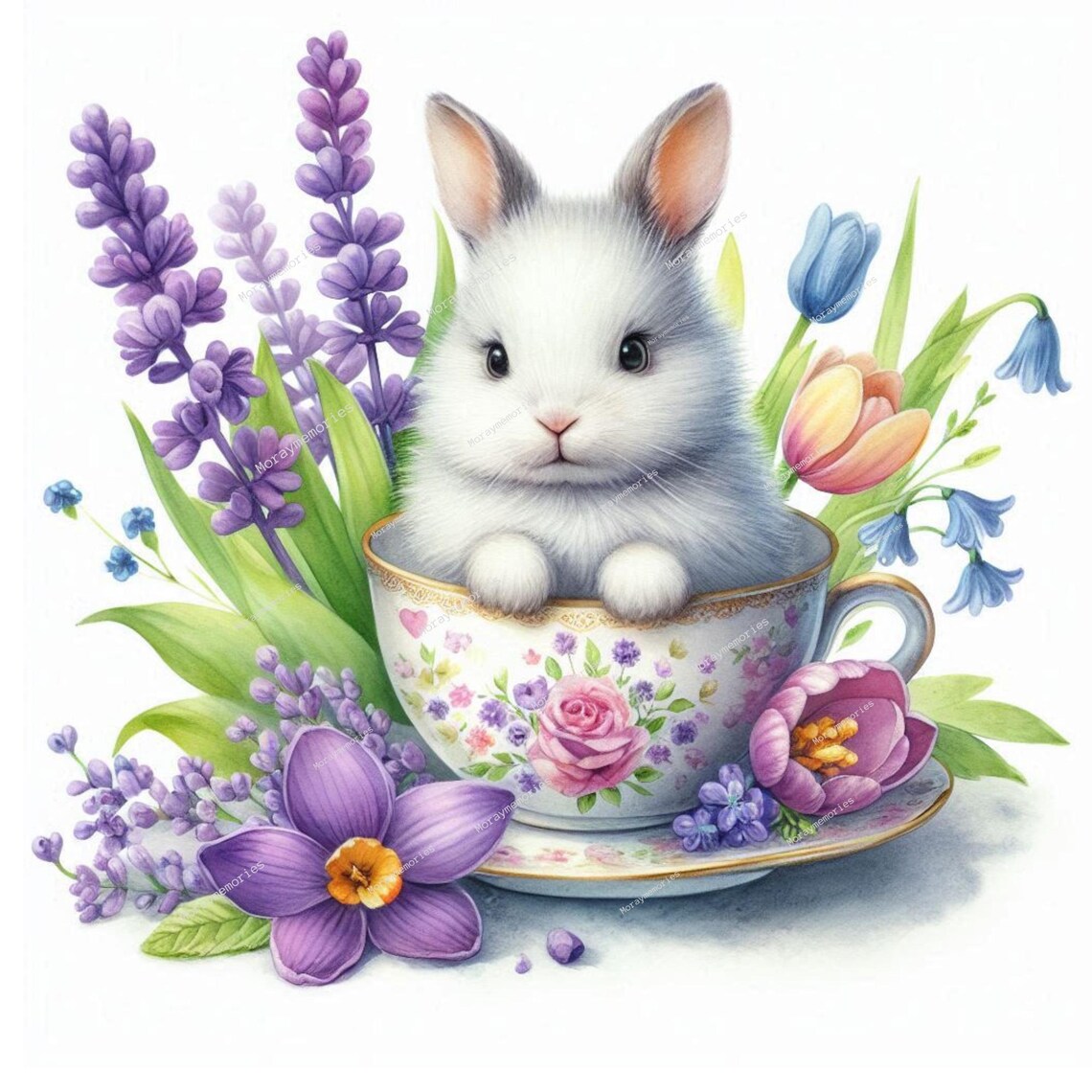 10 Cute Bunny in Tea Cup Clipart, Spring Flowers,high Quality Jpgs ...