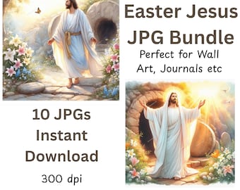 Könnte beinhalten: Digitales Kunstpaket mit zwei Bildern von Jesus in weißen Gewändern, die aus einem Grab treten. Die Bilder sind von Blumen und Sonnenlicht umgeben. Der Text links lautet "10 JPGs Sofort-Download 300 dpi". Der Text rechts lautet "Easter Jesus JPG Bundle".