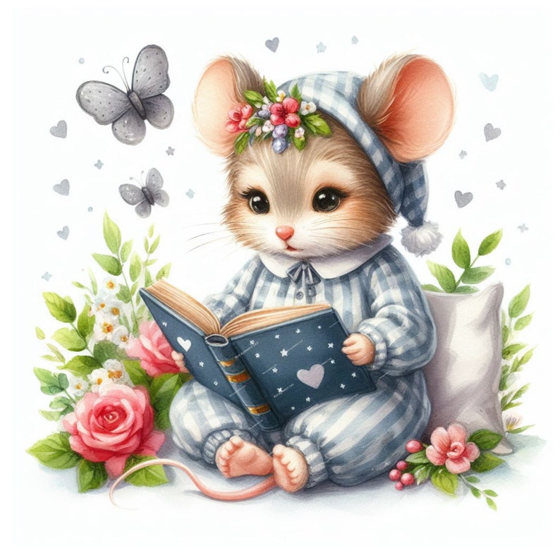 Pu&ograve; includere: Un simpatico topo dei cartoni animati con un pigiama blu e bianco e una corona di fiori sta leggendo un libro blu con le stelle. Il topo &egrave; seduto su un cuscino bianco con fiori e foglie intorno.