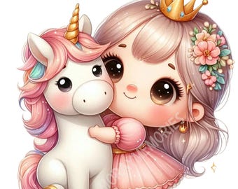 Puede incluir: Ilustración digital de una niña con un vestido rosa y una corona dorada abrazando a un unicornio blanco con melena y cola rosas. El unicornio tiene un cuerno y pezuñas doradas. La niña tiene pelo largo castaño con flores y un pendiente dorado.