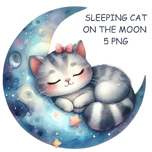 Lindos gatos durmiendo en la luna, PNG de alta calidad, arte infantil, agenda digital, acuarela, creación de tarjetas, diario, descarga digital