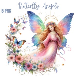 Clipart ange papillon, halo clipart, clipart ciel, ange pastel PNG, ailes d'ange, portrait d'ange Boho, sublimation, autocollants pour agenda
