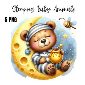 Watercolor Sleeping Animals Collection Clipart, 5 PNG Cute Animals Clipart, Sleeping Animals Clipart, Baby Animal, Commercial Use
