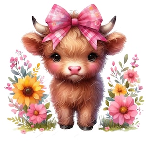 Cute baby girl Highland Cow PNG with pink bow and flowers, Sublimation Designs,digital download, vest,t-shirt, mugs tote bag, Commercial use