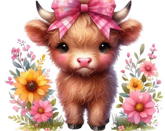 Cute baby girl Highland Cow PNG with pink bow and flowers, Sublimation Designs,digital download, vest,t-shirt, mugs tote bag, Commercial use