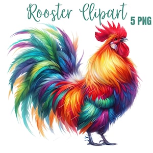 Gallo en acuarela PNG, imágenes prediseñadas de animales de granja coloridos, ilustración de pollo, diseño para sublimación, arte imprimible, transparente, uso comercial. imagen 1