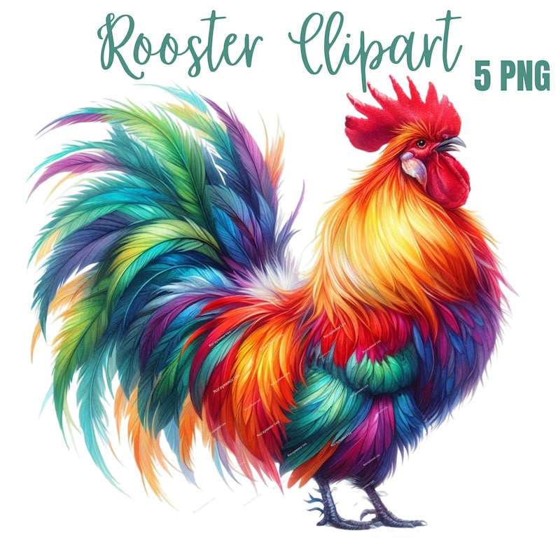 Gallo en acuarela PNG, imágenes prediseñadas de animales de granja coloridos, ilustración de pollo, diseño para sublimación, arte imprimible, transparente, uso comercial. imagen 1