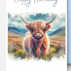 Cartão de aniversário de vaca das Terras Altas, cartão de aniversário com vaca, download DIGITAL, cartão de aniversário para impressão, mãe, pai, esposa, marido, irmã, tia, avó
