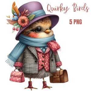 Schrullige Vögel In der Kleidung Clipart, Aquarell Clipart, hochwertige PNGs, schrullige Vögel Clipart, digitaler Download, Papiermodell, Junk Journals